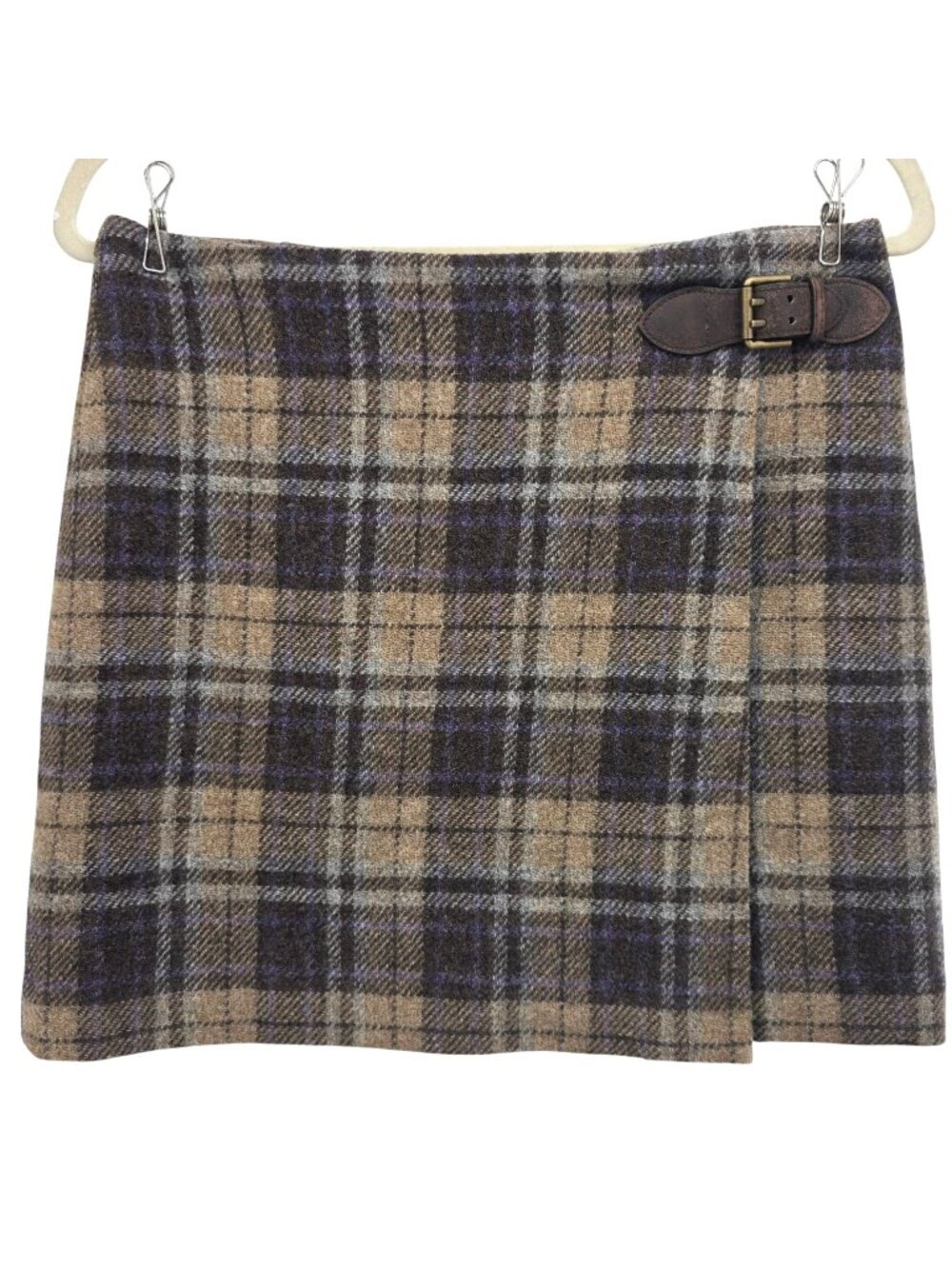 Polo Ralph Lauren Womens 4 Skirt Wool Plaid Leather Buckle Mini Wrap Preppy - Picture 1 of 10
